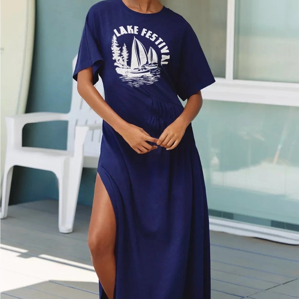Anthropologie Navy Blue Lake Festival Graphic Maxi Dress
